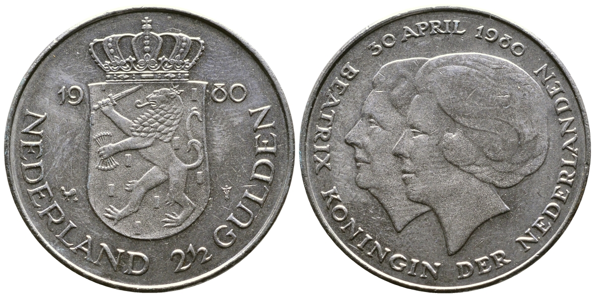 Нидерланды 2 1/2 гульдена 1980 коронация Беатрикс, 30 апреля 1980 KM 201 никель 4542-535