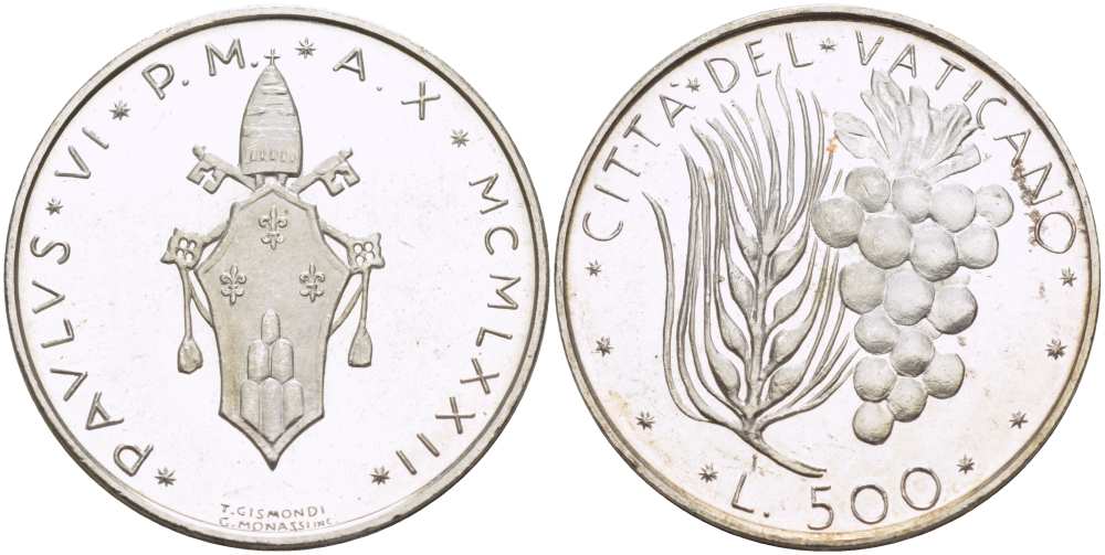 Ватикан 500 лир 1972 X год, Павел VI (1963-1978), пшеница и виноград KM 123 серебро  PROOF  4512-816