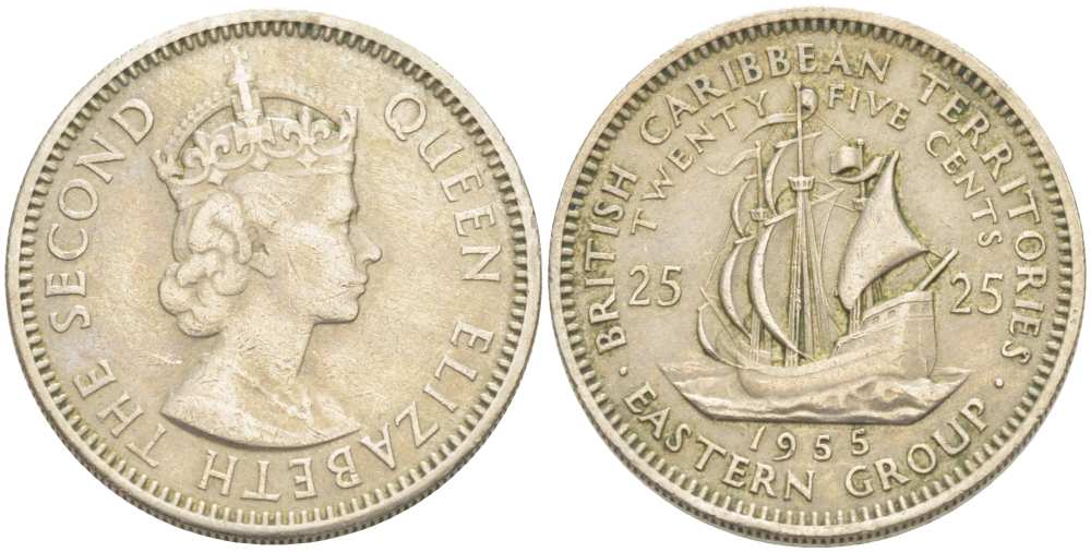 Британские Восточно-Карибские территории 25 центов 1955 Елизавета II (1952-2022), парусник KM 6 медно-никель 217-324