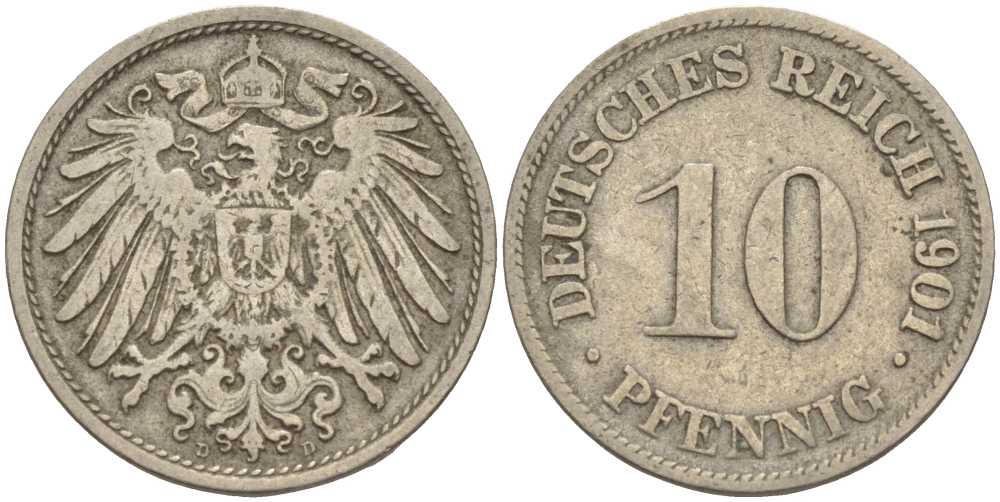 ГЕРМАНИЯ 10 ПФЕННИГОВ 1901 D KM 12, J. 13 медно-никель 4401-1223
