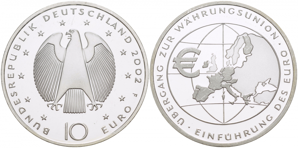 ФРГ 10 евро 2002 F, введение европейской валюты KM 215, DE.S. 10.1 серебро PROOF 1082-1-52