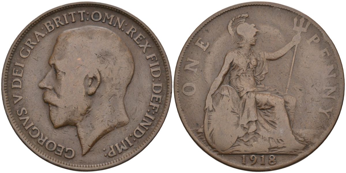 Великобритания 1 пенни 1918 Георг V (1910-1936) KM 810, Spink 4051 бронза 4117-811