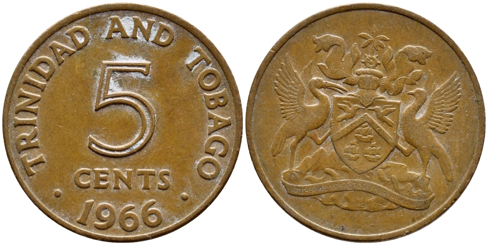 Тринидад и Тобаго 5 центов 1966 герб KM 2 бронза 4396-1046