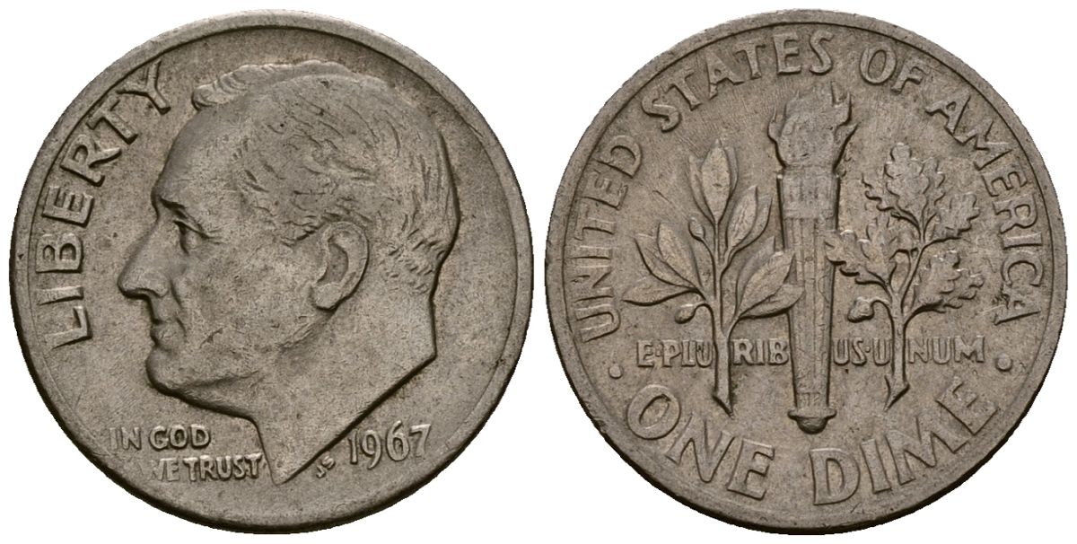 США 10 центов (дайм) 1967 Рузвельт KM 195a медь плакированная медно-никелем 4164-931