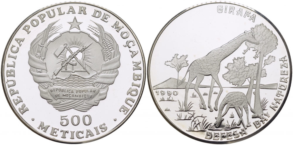 Мозамбик 500 метикалей 1990 серия защита окружающей среды, жирафы, тираж 2500 экз. KM 113 серебро PROOF 1076-9-52
