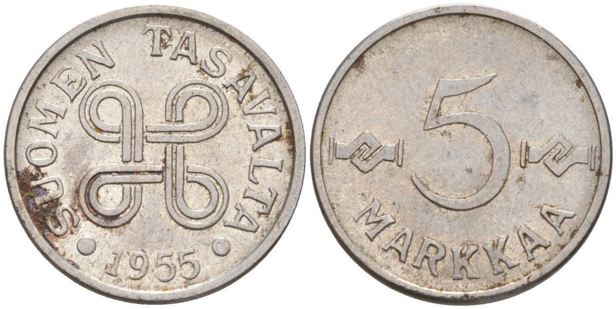 Финляндия 5 марок 1955 KM 37a никелированное железо 187-446