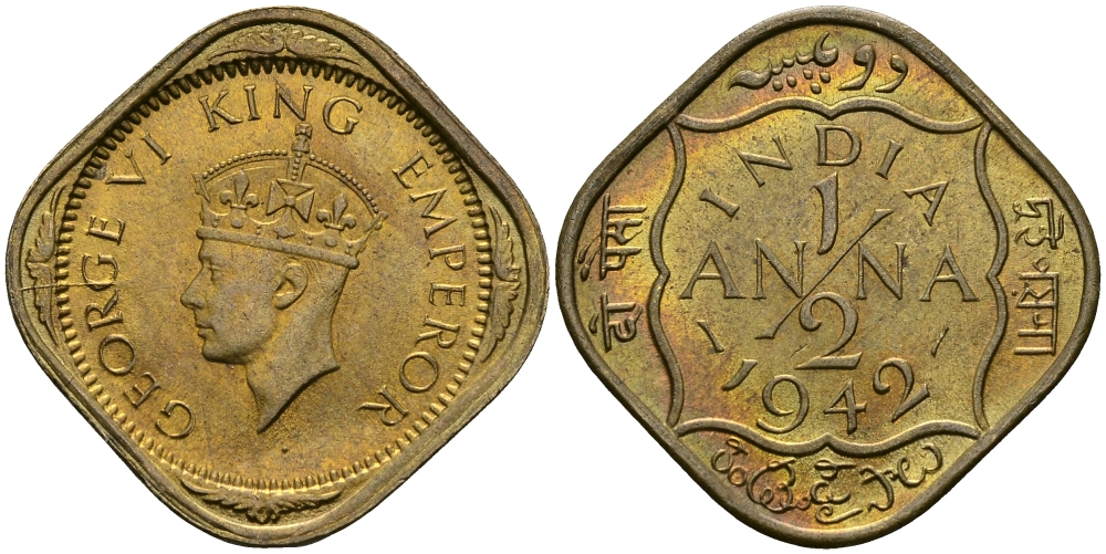 Британская Индия 1/2 анна 1942 Георг VI (1936-1952) KM 534b никель-латунь UNC 94-832