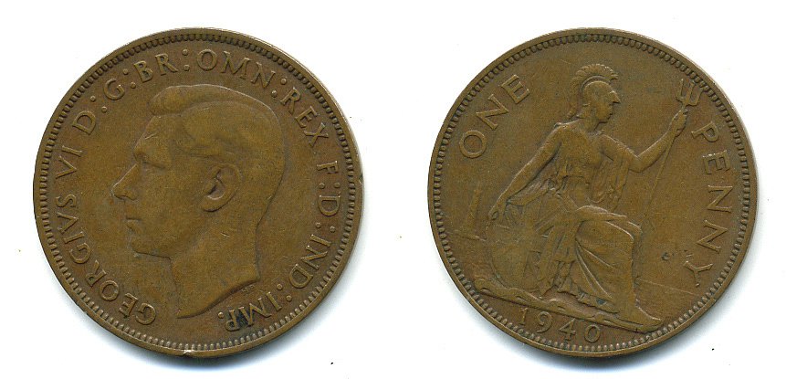 Великобритания 1 пенни 1940 Георг VI (1936-1952) KM 845, Spink 4114 бронза 4110-322