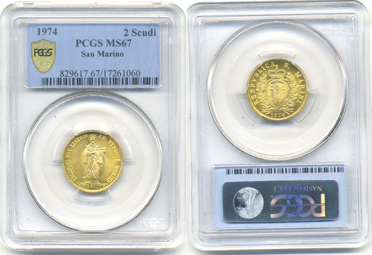 Сан-Марино 2 скудо 1975 Святой Мартин, слаб PCGS MS 67 KM 39 золото UNC 15-007-17
