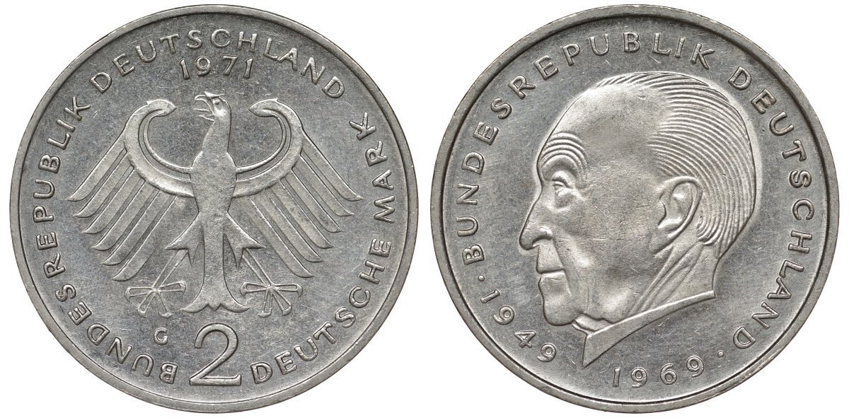 ФРГ 2 МАРКИ 1971 G, КОНРАД АДЕНАУЭР KM 124, J. 406 медно-никель плакированный никелем плакированный никелем UNC 72-437