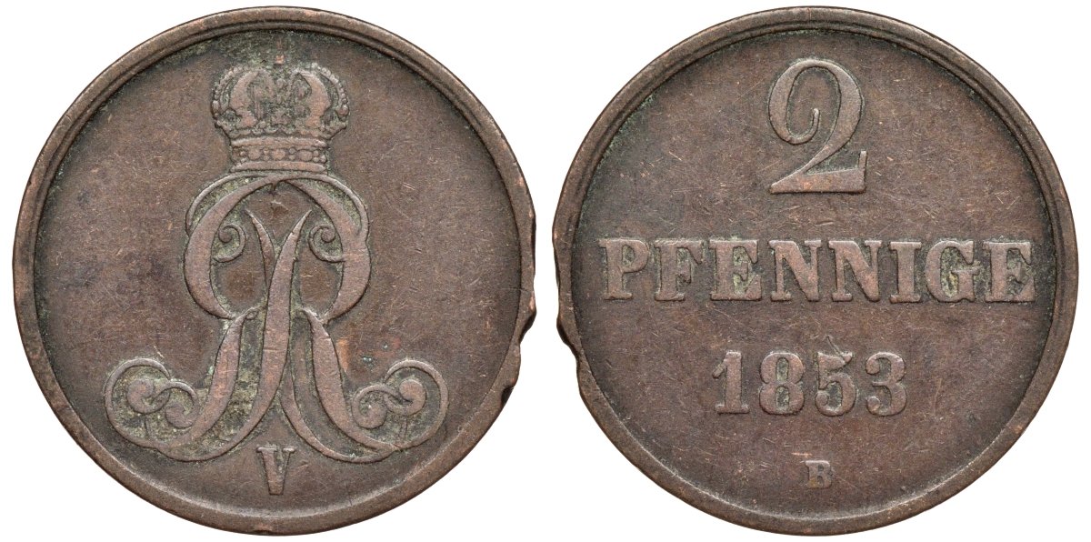 Брауншвейг-Каленберг-Ганновер 2 пфеннига 1853 B, Георг V (1851-1866) KM 217,aKS 152, J. 84 медь 4142-223