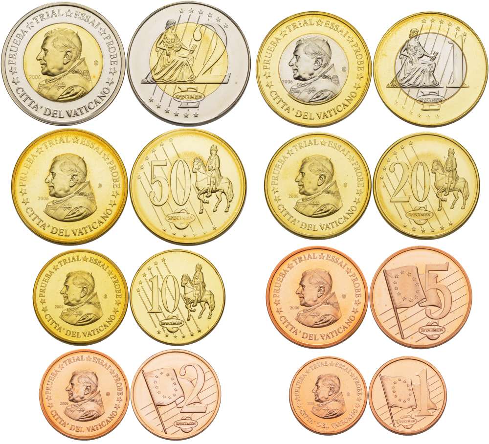 Ватикан набор из 8 монет 2006 PROBE, ESSAI, европробники большого формата, в капсулах, Бенедикт XVI, тираж 30000 экз. биметалл PROOF 5-4-1-94