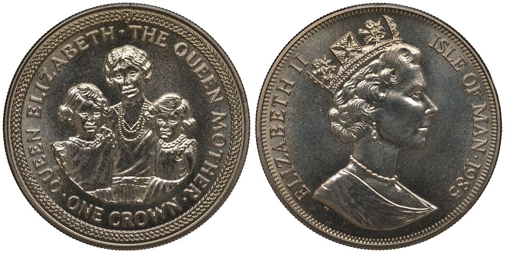 остров Мэн 1 крона 1985 Королева Елизавета (королева-мать), с дочерями KM 220 медно-никель UNC 1078-4-32