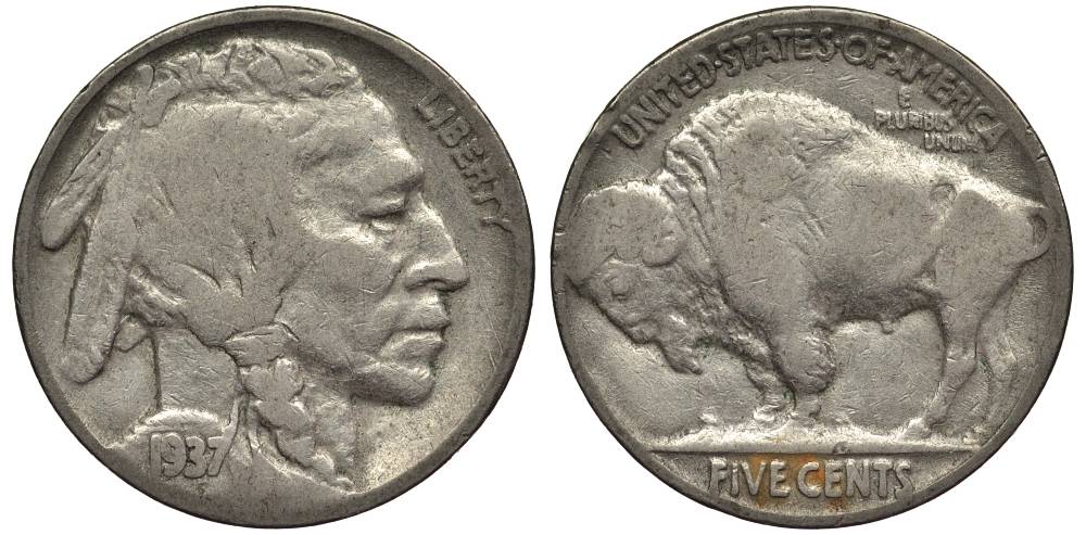 США 5 ЦЕНТОВ 1937 ИНДЕЕЦ, БИЗОН KM 134 медно-никель 27-656