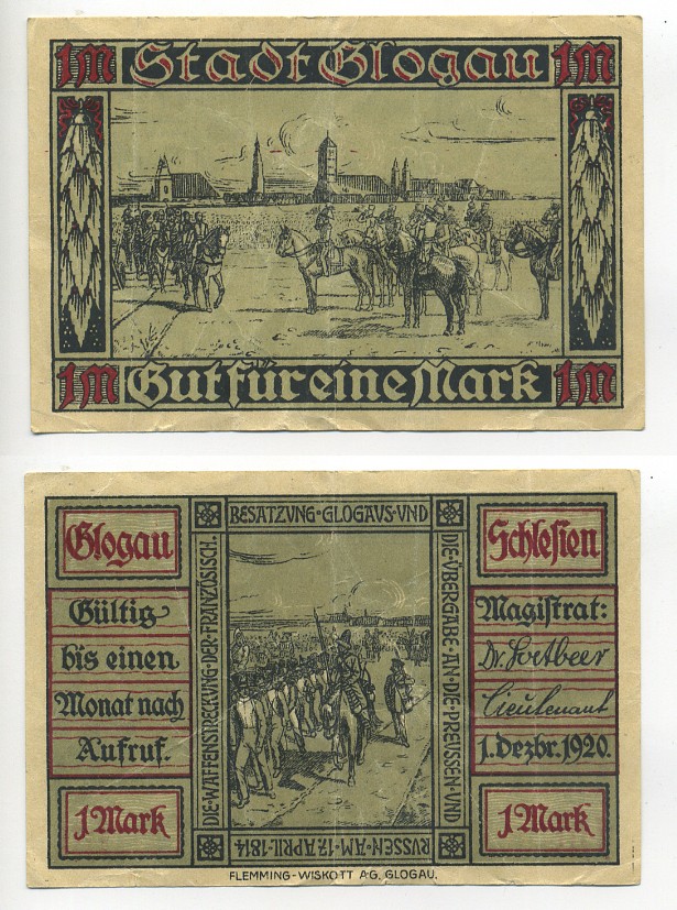 ГЛОГАУ 1 МАРКА 1922 НОТГЕЛЬД, ЗЕМЛЯ НИЖНЯЯ СИЛЕЗИЯ, (ПОЛЬША ГОРОД ГЛОГУВ) Грабовски 440.1а бумага 7217-53-2