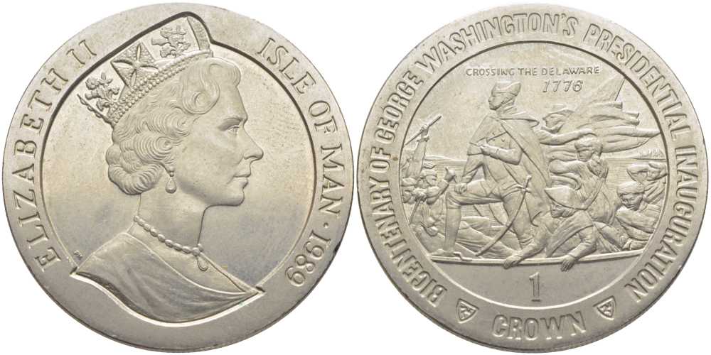 ОСТРОВ МЭН 1 КРОНА 1989 200 ЛЕТ ИНАУГУРАЦИИ ПРЕЗИДЕНТА ВАШИНГТОНА, ПЕРЕПРАВА ЧЕРЕЗ РЕКУ ДЕЛАВЭР KM 246 медно-никель UNC 107-922