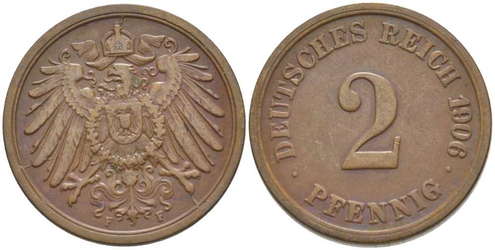ГЕРМАНИЯ 2 ПФЕННИГА 1906 F KM 16, J. 11, Weege 4 медь 206-517