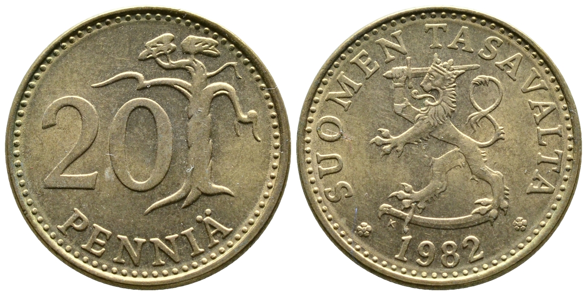 ФИНЛЯНДИЯ 20 ПЕННИ 1982 К KM 47 алюминиевая бронза 4110-812