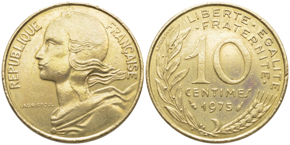ФРАНЦИЯ 10 САНТИМОВ 1975 ТИП MARIANNE KM 929 медь алюминий никель 105-1218