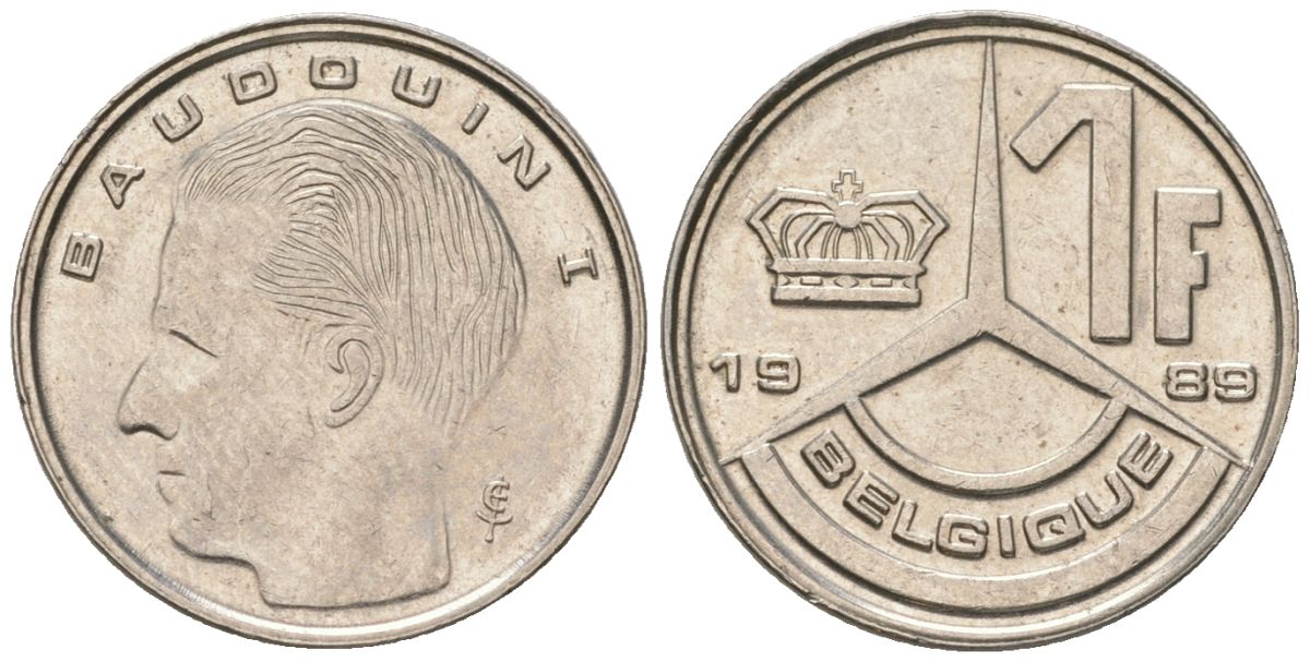 Бельгия 1 франк 1989 Belgique, Бодуэн I (1951-1993) KM 170 железо плакированное никелем 4547-638