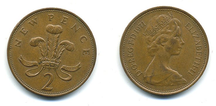 Великобритания 2 пенса 1971 Елизавета II (1952-2022) КМ 916, Spink 4235 (C1) бронза 4110-542