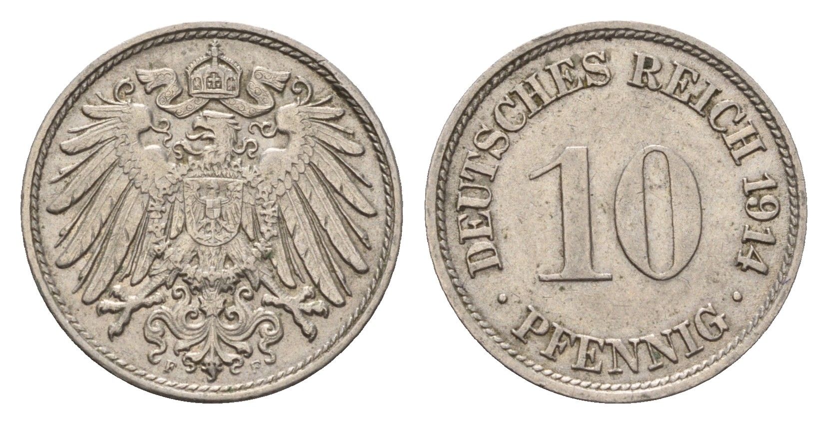 Германия 10 пфеннигов 1914 F, Вильгельм II (1888-1918) KM 12, J. 13 медно-никель 4636-1044
