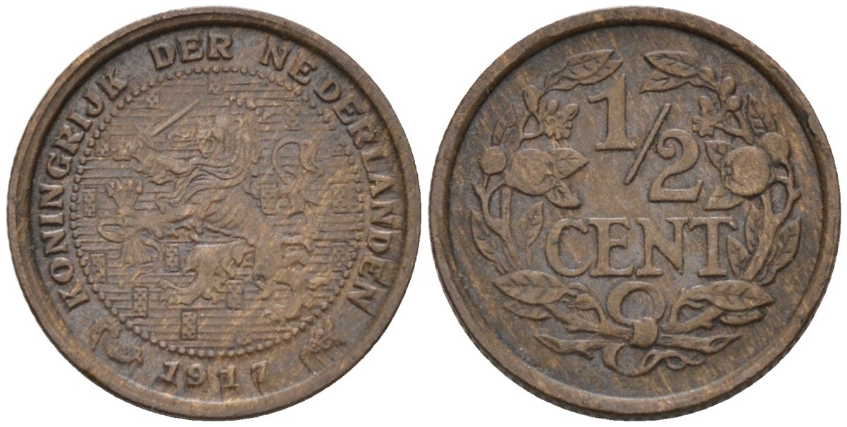 Нидерланды 1/2 цента 1917 Вильгельмина (1890-1948) KM 138 бронза 4576-417