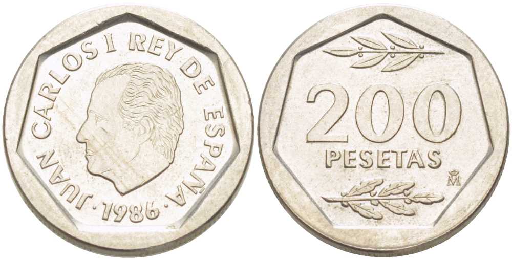 ИСПАНИЯ 200 ПЕСЕТ 1986 ХУАН КАРЛОС I (1975-) KM 829 медно-никель 210-914