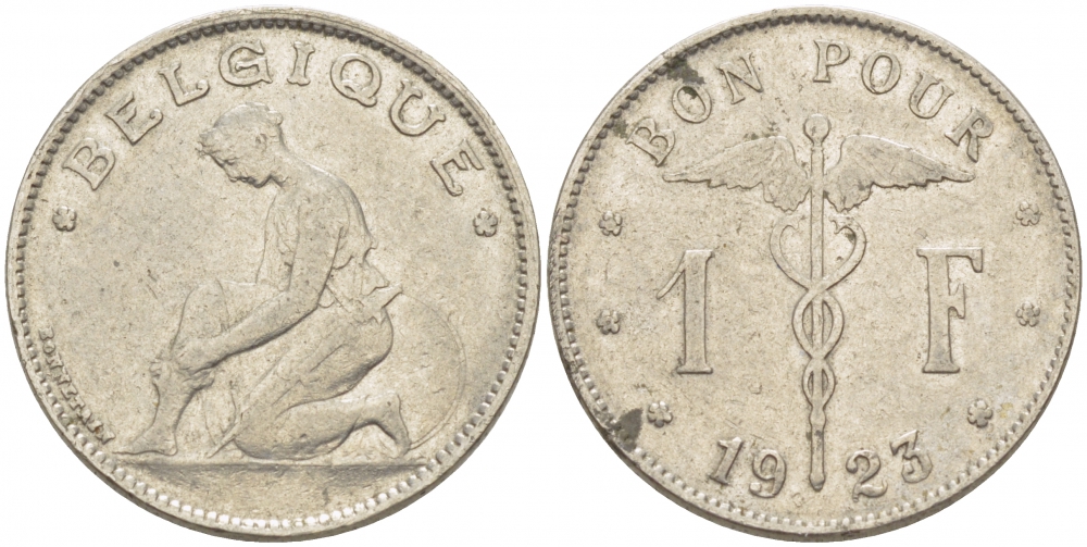 Бельгия 1 франк 1923 Belgique, Альберт I (1909-1934) KM 89 никель 259-941