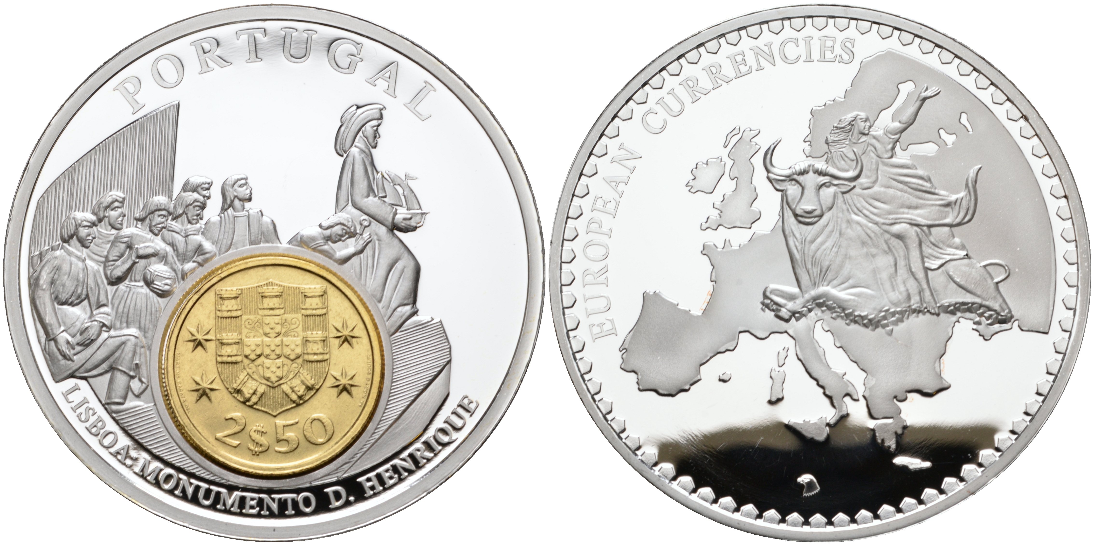 НИДЕРЛАНДЫ МЕДАЛЬ ND МОНЕТА НА МЕДАЛИ, СЕРИЯ ДОЕВРОВЫЕ ЕВРОПЕЙСКИЕ МОНЕТЫ, ПОРТУГАЛИЯ, 2,5 ЭСКУДО 1980, ЛИССАБОН МОНУМЕНТ ПЕРВООТКРЫВАТЕЛЯМ, ДИАМЕТР 50 ММ. серебрение PROOF 1069-4-31