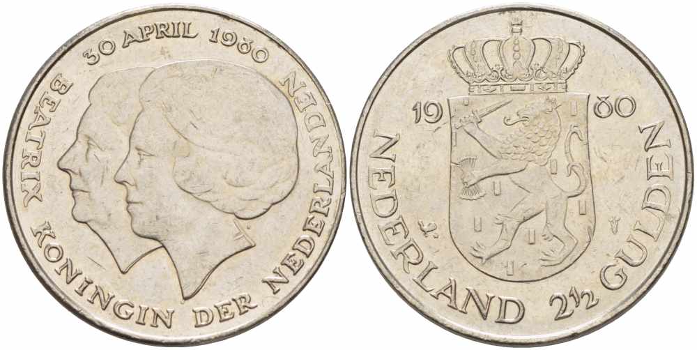 Нидерланды 2 1/2 гульдена 1980 коронация Беатрикс, 30 апреля 1980 KM 201 никель 38-1245