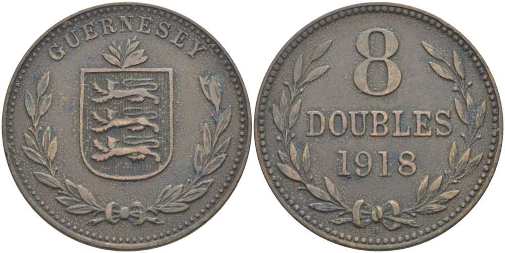 Гернси 8 даблов (дублей) 1918 KM 14 бронза 3996-541