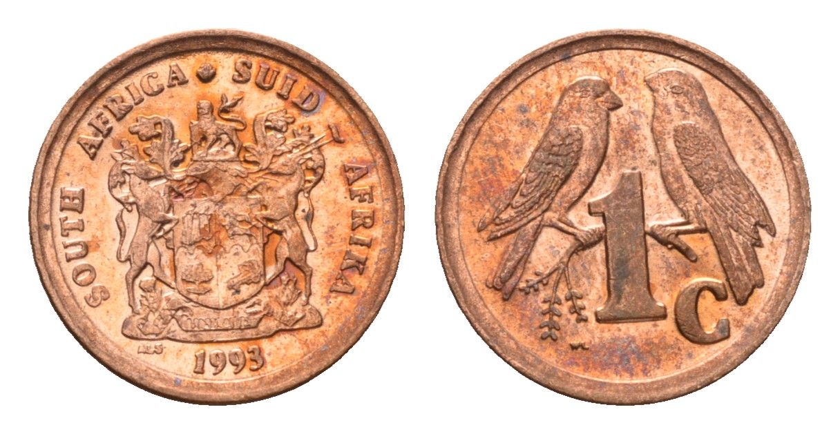 ЮАР 1 цент 1993 герб, капские воробьи KM 132 сталь плакированная медью UNC 4694-121