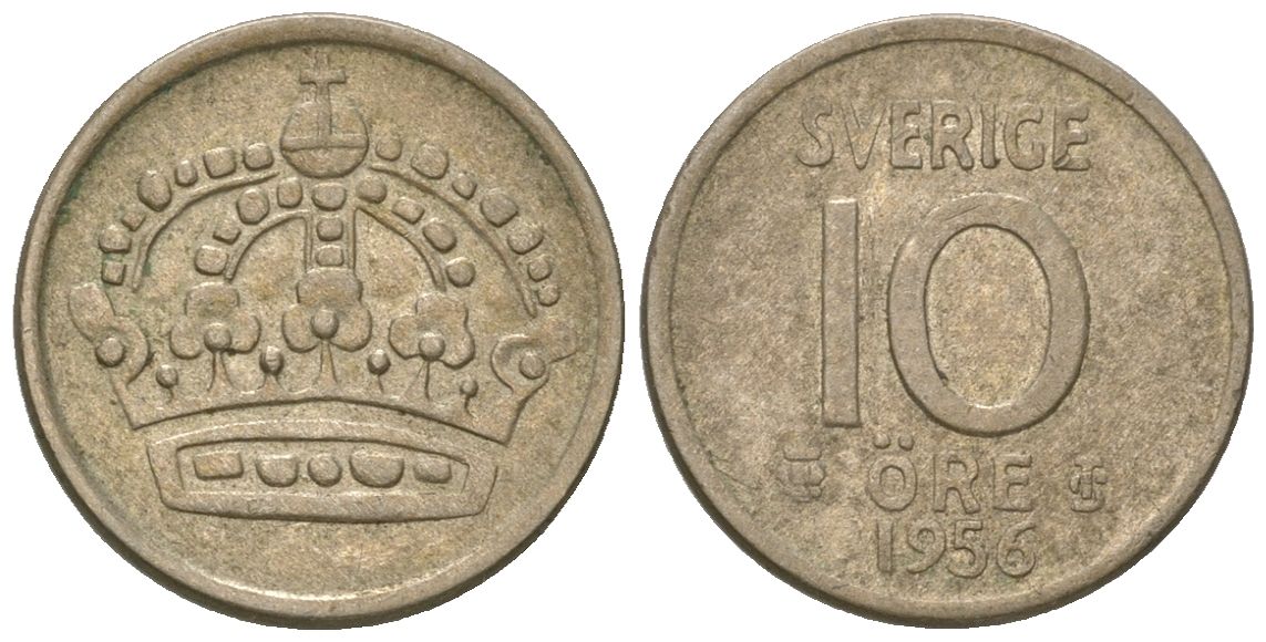 Швеция 10 эре 1956 TS, Густав VI Адольф (1950-1973) KM 823 серебро 4617-1152