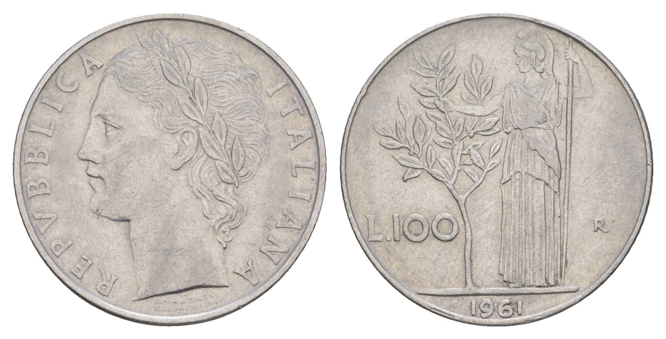 Италия 100 лир 1961 R, Афина в доспехах KM 96.1 нержавеющая сталь 4556-113