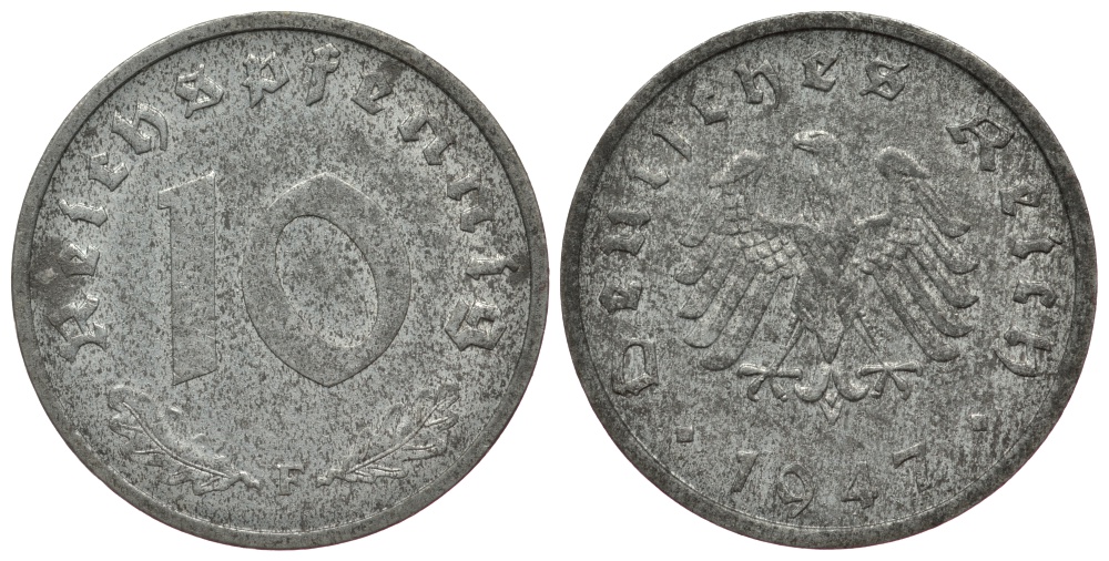 Германия 10 рейхспфеннигов 1947 F, оккупация Германии союзными войсками J. 375, KM A104 цинк 413-631