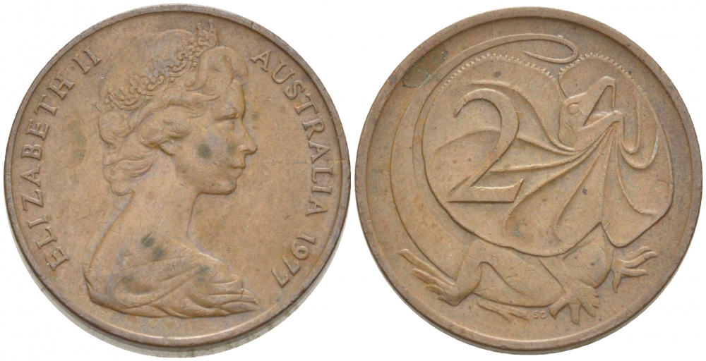 АВСТРАЛИЯ 2 ЦЕНТА 1977 ЕЛИЗАВЕТА II, МОЛОДОЙ ПОРТРЕТ, ПЛАЩЕНОСНАЯ ЯЩЕРИЦА (FRILLED LIZARD) KM 63 бронза 3457-633