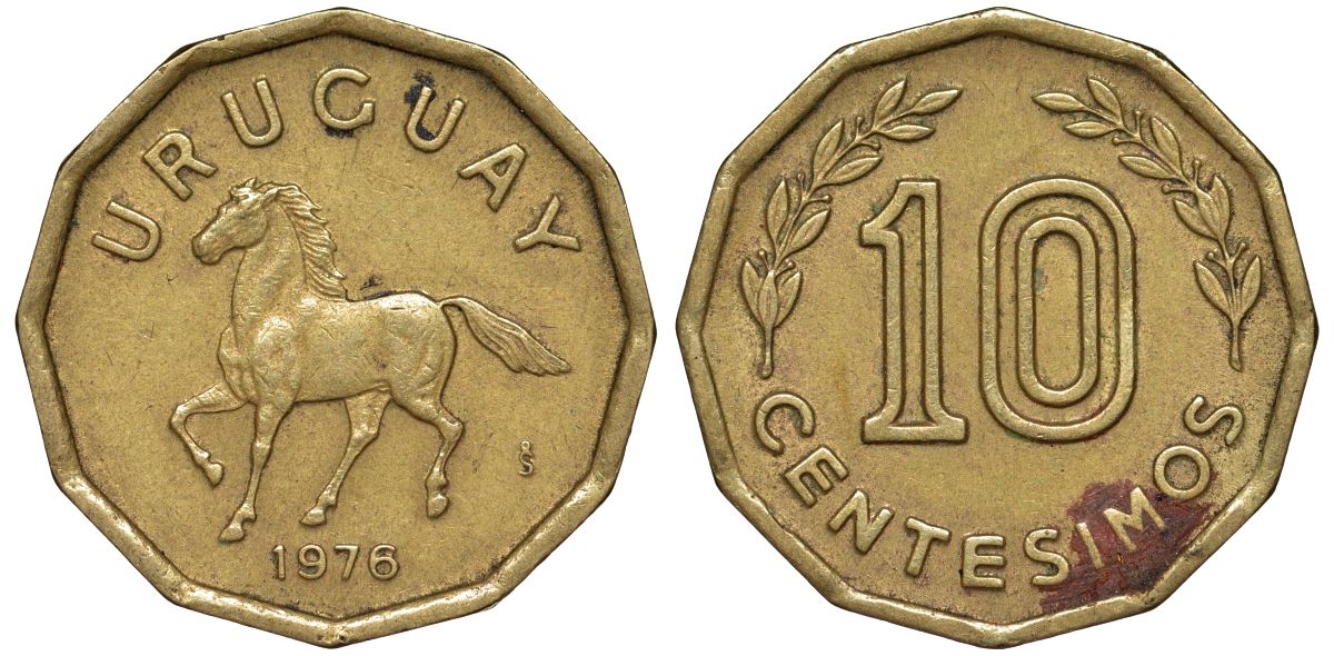 Уругвай 10 сентесимо 1976 KM 66 алюминиевая бронза 4164-746
