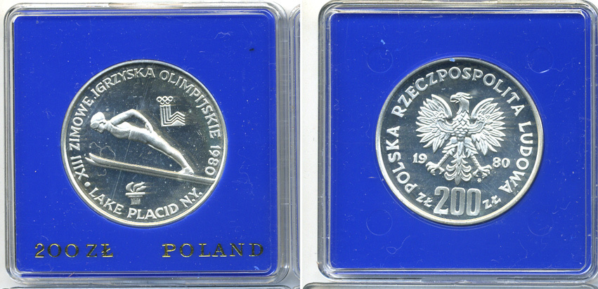 Польша 200 злотых 1980 MW, XIII Олимпийские игры в Лейк-Плэсиде, прыжки с трамплина, с факелом, тираж 32040 экз., в оригинальной упаковке KM 110.1 серебро PROOF 1069-1-11