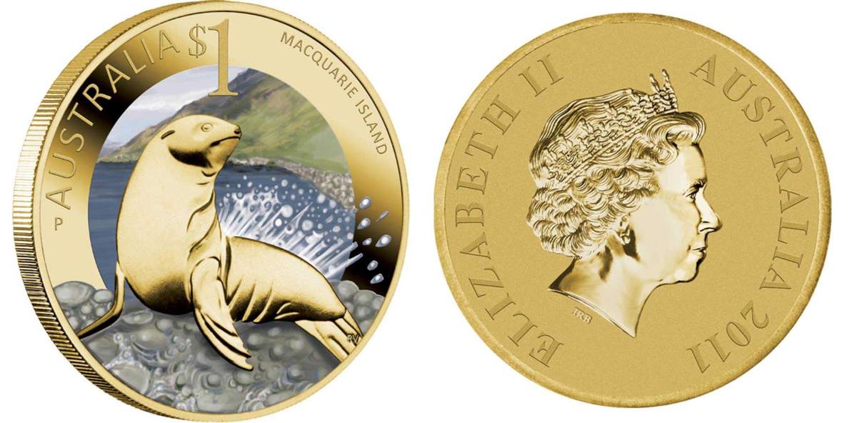 Австралия 1 доллар 2011 серия всемирное наследие, остров Маккуори, морской лев, цветная эмаль KM 1613 алюминиевая бронза UNC M40-20