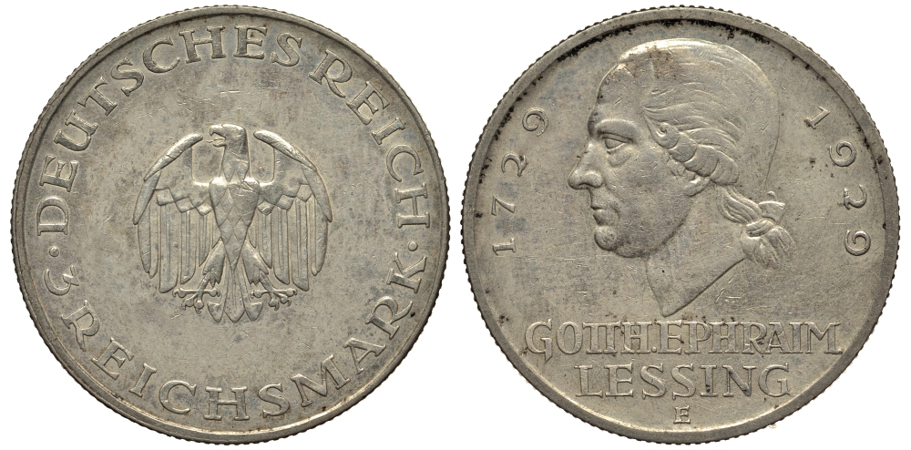 Германия 3 марки 1929 E, 200 лет со дня рождения Лессинга Weege 36, J.335, KM 60 серебро 413-5111
