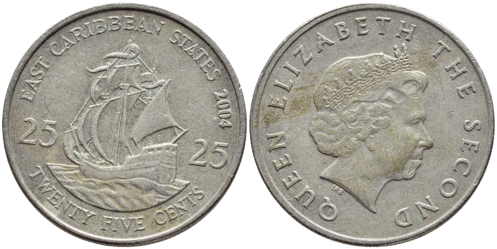 Восточно-Карибские штаты 25 центов 2004 Елизавета II (1952-2022), парусник KM 38 медно-никель 89-636