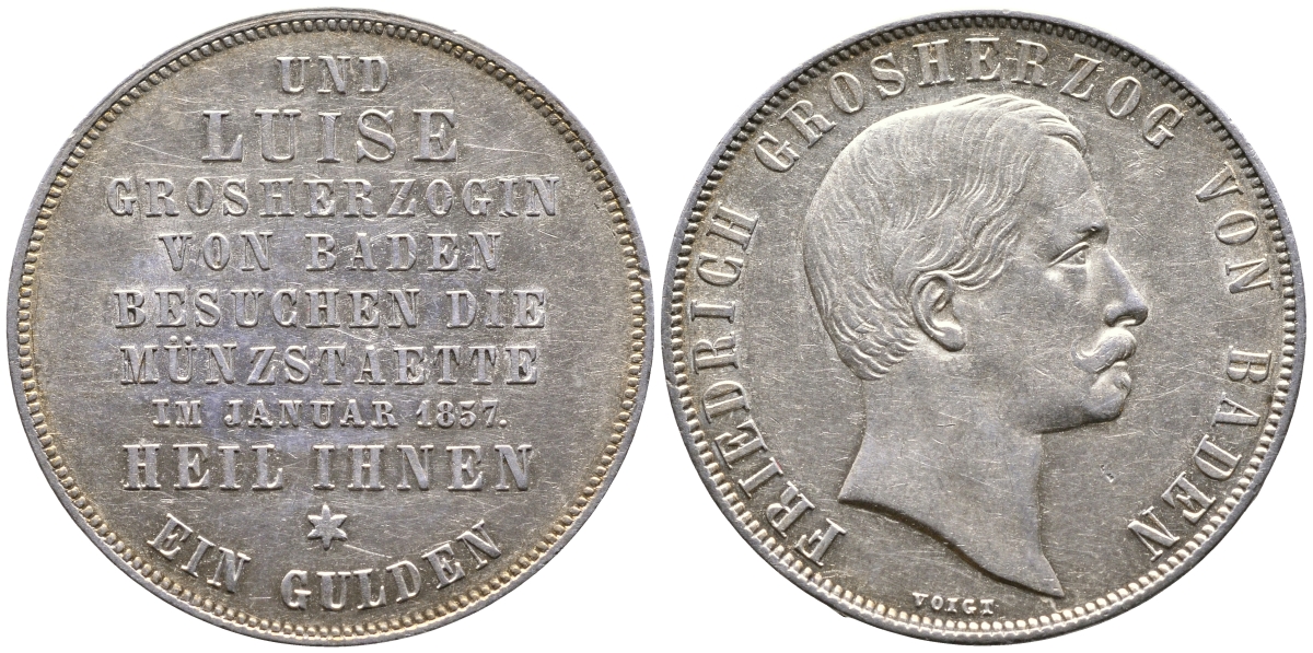 Баден 1 гульден 1857 на посещение монетного двора, тираж 776 экземпляров AKS 135; J. 77 серебро UNC 10-002-18