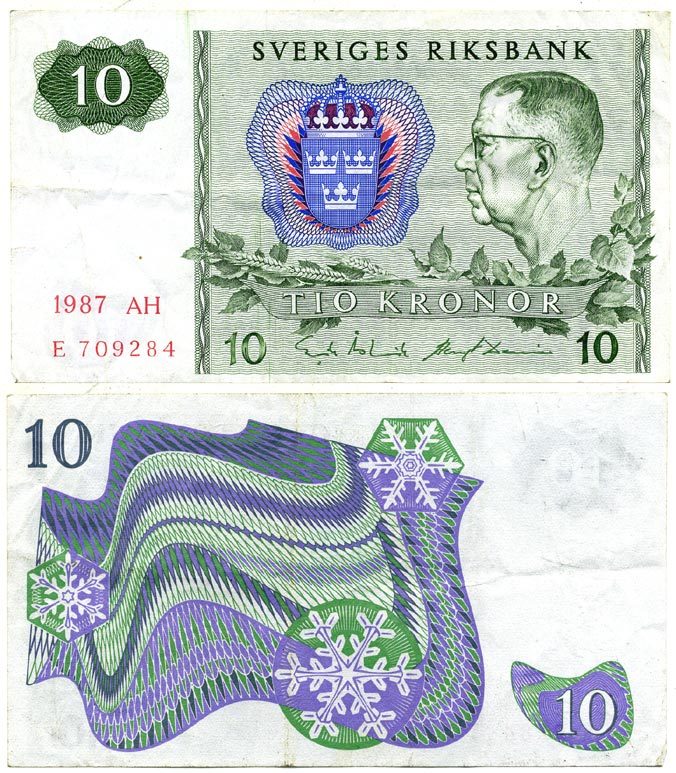 Швеция 10 крон 1987 серия AH, король Густав VI Адольф Pick 52e бумага 7221-13-1-2