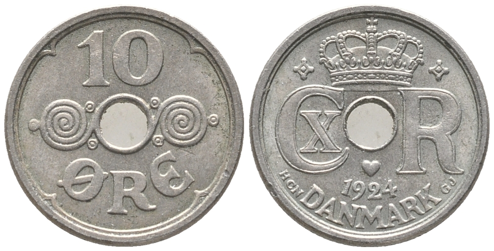 ДАНИЯ 10 ЭРЕ 1924 HCN ; GJ, КРИСТИАН X (1912-1947) KM 822.1 медно-никель 100-1136
