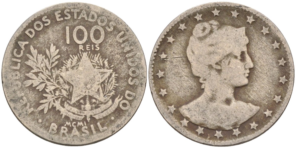 Бразилия 100 рейс 1901 голова свободы вправо KM 503 медно-никель 4589-1024