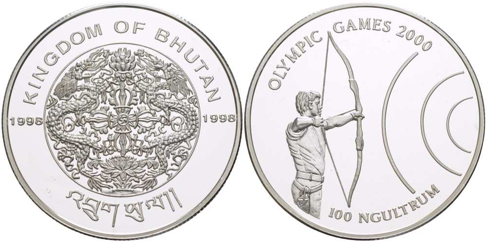 Бутан 100 нгултрумов 1998 ОЛИМПИЙСКИЕ ИГРЫ В СИДНЕЕ 2000 ГОДА, СТРЕЛЬБА ИЗ ЛУКА, KM 103 серебро PROOF 1074-3-53