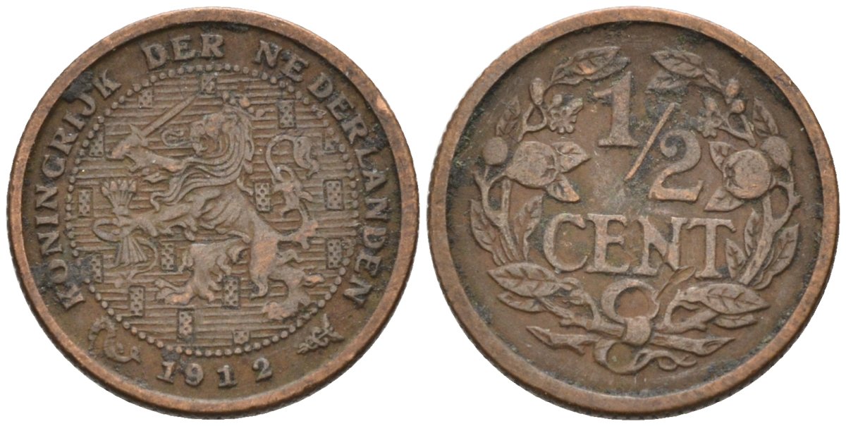 Нидерланды 1/2 цента 1912 Вильгельмина (1890-1948) KM 138 бронза 4576-348