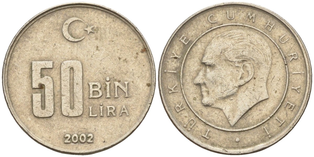 Турция 50000 лир 2002 Мустафа Кемаль Ататюрк KM 1105 медь цинк никель 4174-826