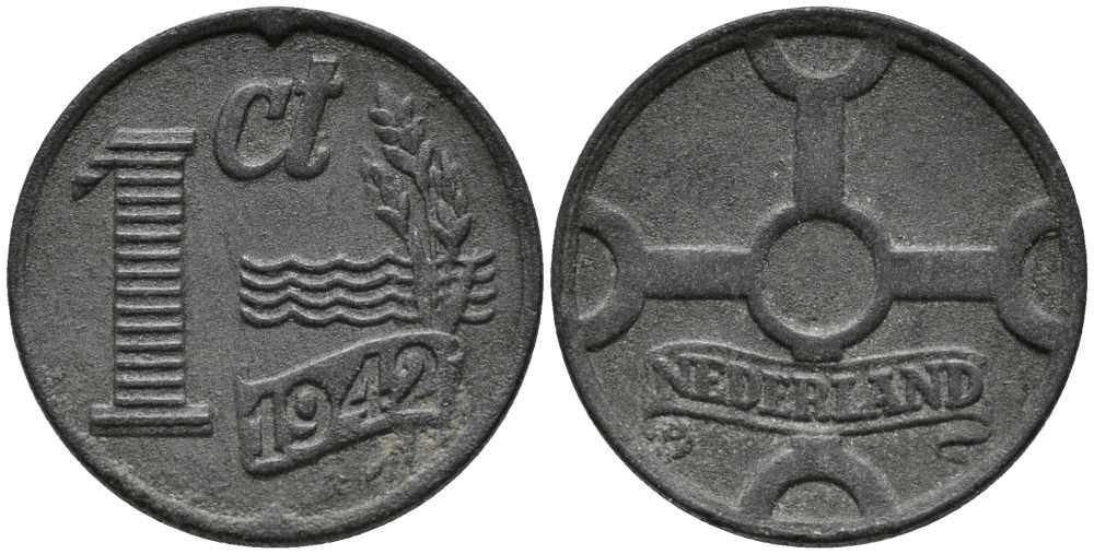НИДЕРЛАНДЫ 1 ЦЕНТ 1942 ВИЛЬГЕЛЬМИНА (1890-1948) KM 170 цинк 112-447